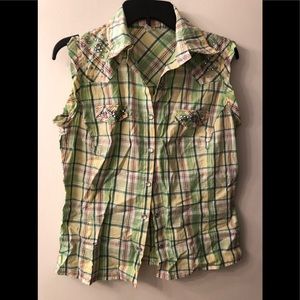 Plaid blouse with rhinestone embellishments size L
